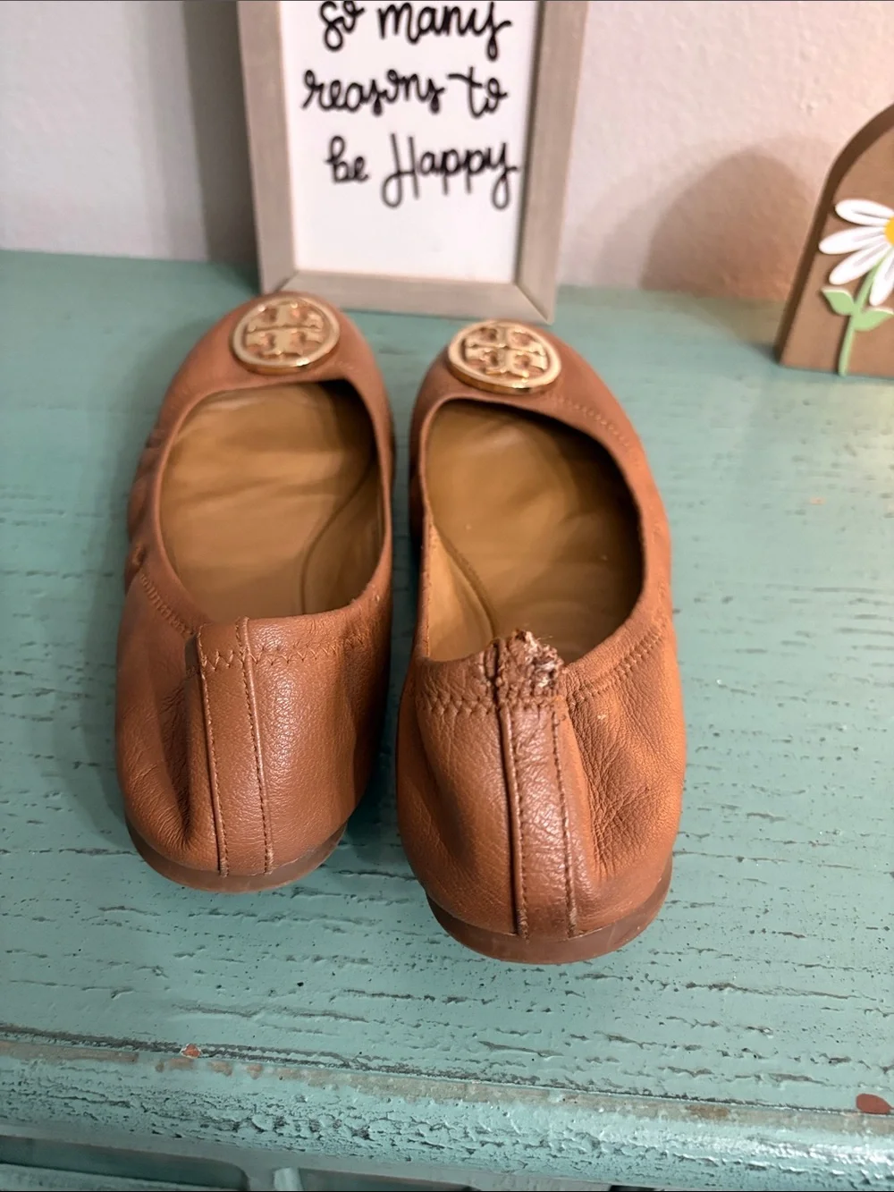 Tory Burch Tan Leather Ballet Flats with Gold Logo Medallion
